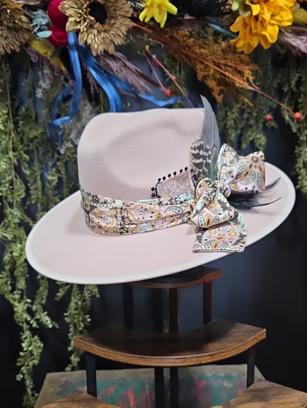 OOAK Blush Wide-Brim Fedora Hat with Paisley Scarf Detail & Accents